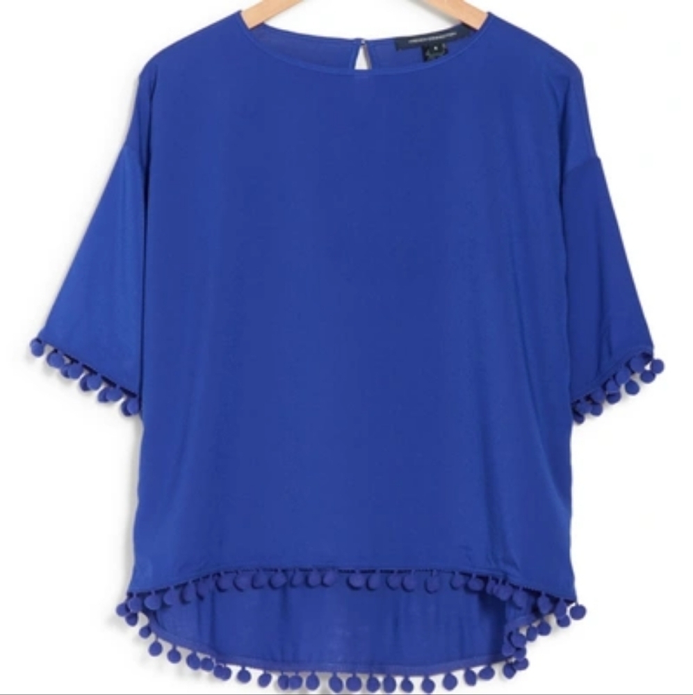 French Connection Classic Crepe Pompom Shirt Blouse Size Large Blue Purple